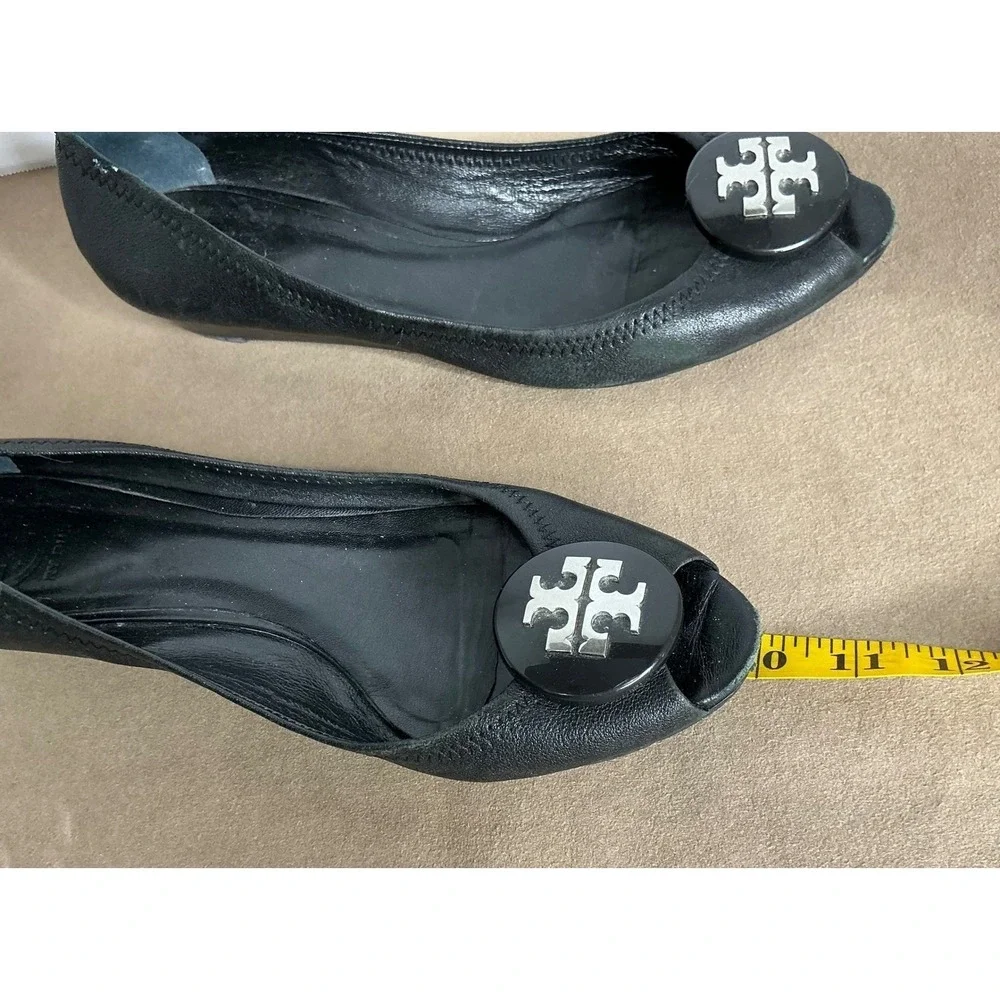 Tory Burch Reva Black Leather Peep Toe‎ Wedge Heels Silver Logo Medallion Pumps